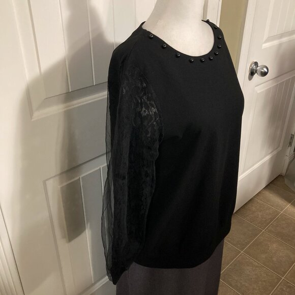EMILY JOHN Black scoop neck shirt with mesh and lace sleeves ~ MEDIUM LARGE top - Picture 6 of 14